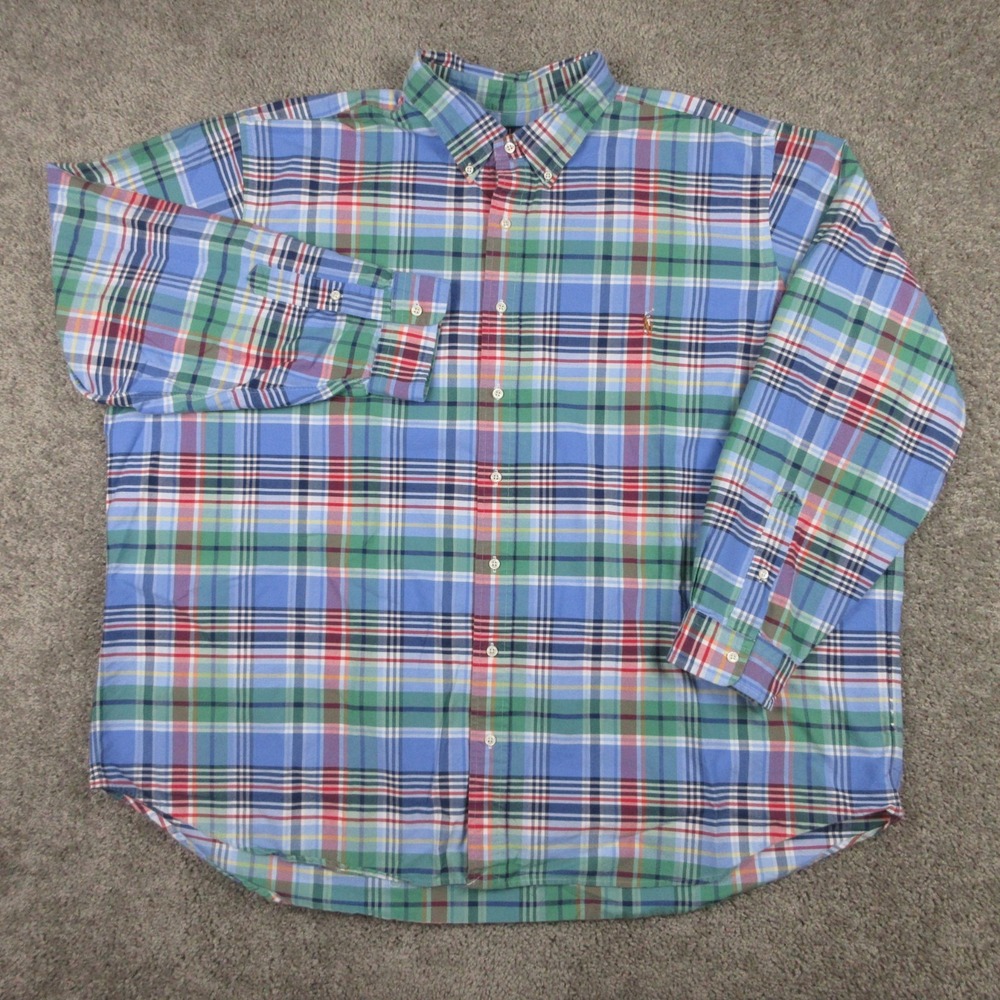 Polo Ralph Lauren Shirt Mens 3XB Blue Indian Madras Oxford Cloth Pony Button Up